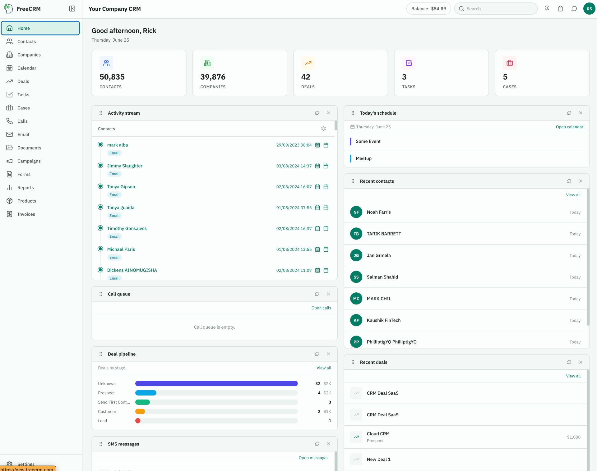 FreeCRM dashboard showing pipeline of deals and contact management